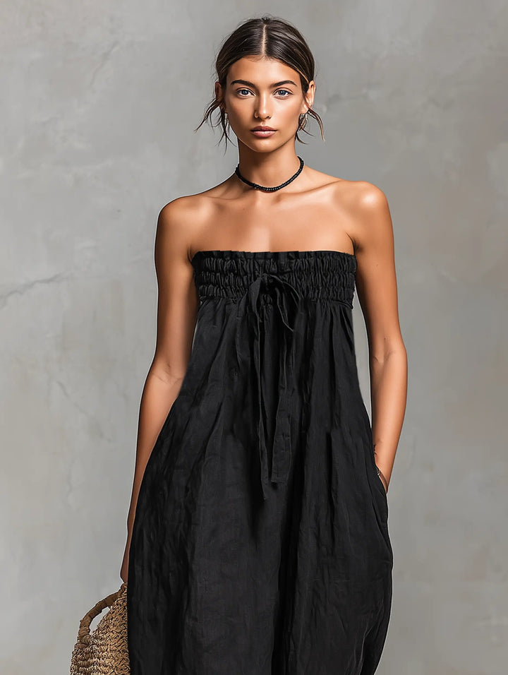 Damen Leinen Jumpsuit Trägerlos Weites Bein