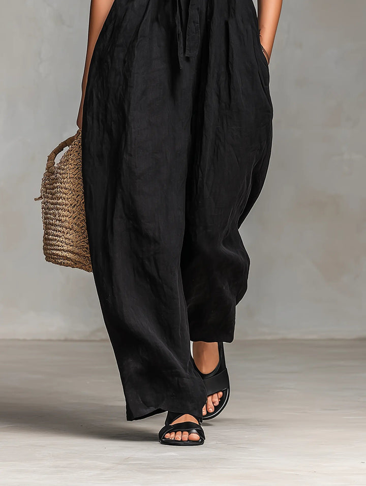 Damen Leinen Jumpsuit Trägerlos Weites Bein
