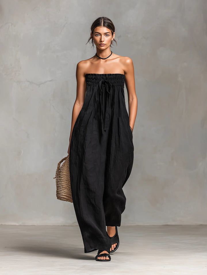 Damen Leinen Jumpsuit Trägerlos Weites Bein