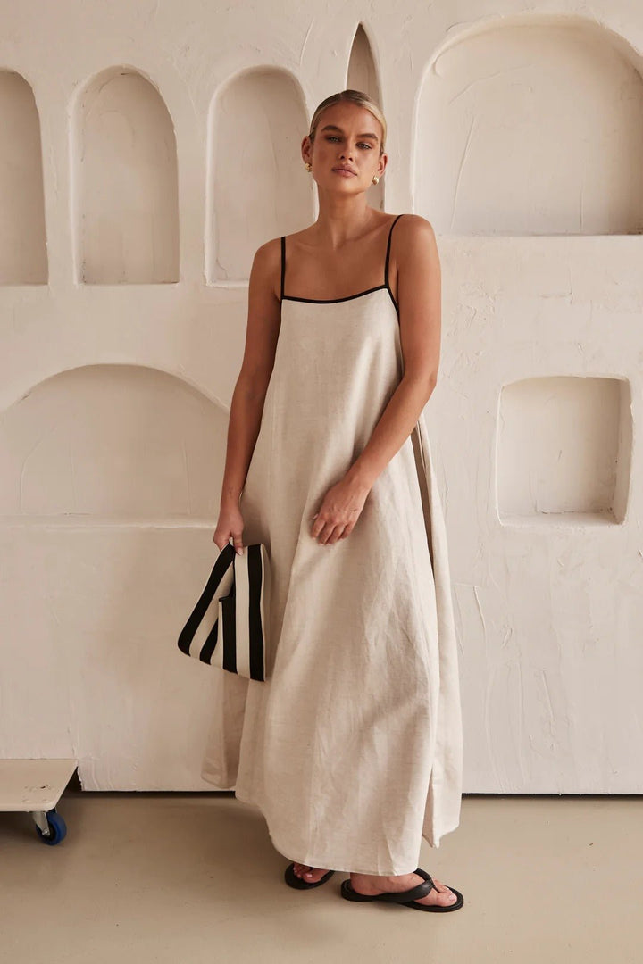 Damen Leinen Maxi-Kleid mit verstellbaren Trägern