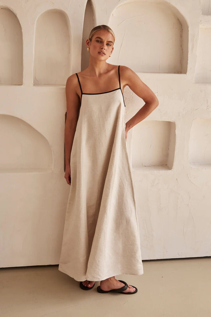 Damen Leinen Maxi-Kleid mit verstellbaren Trägern