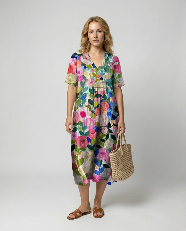 Damen Leinen Midi-Kleid V-Ausschnitt Blumenmuster Kurzarm - Colourful Floral