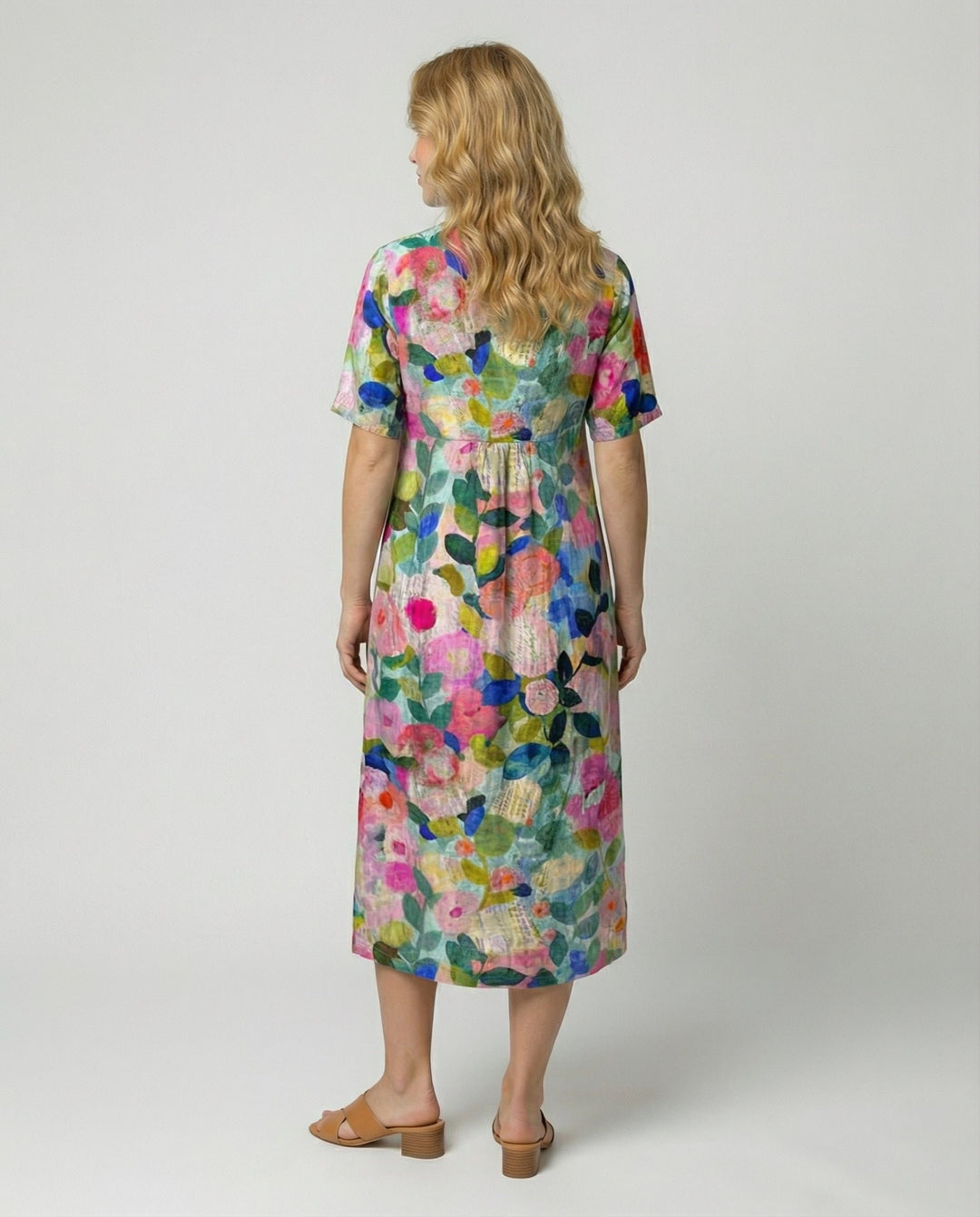 Damen Leinen Midi-Kleid V-Ausschnitt Blumenmuster Kurzarm