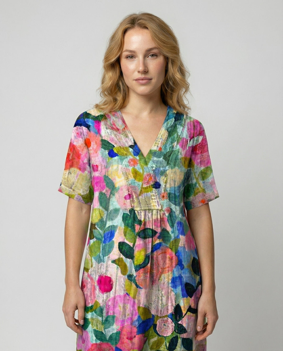 Damen Leinen Midi-Kleid V-Ausschnitt Blumenmuster Kurzarm