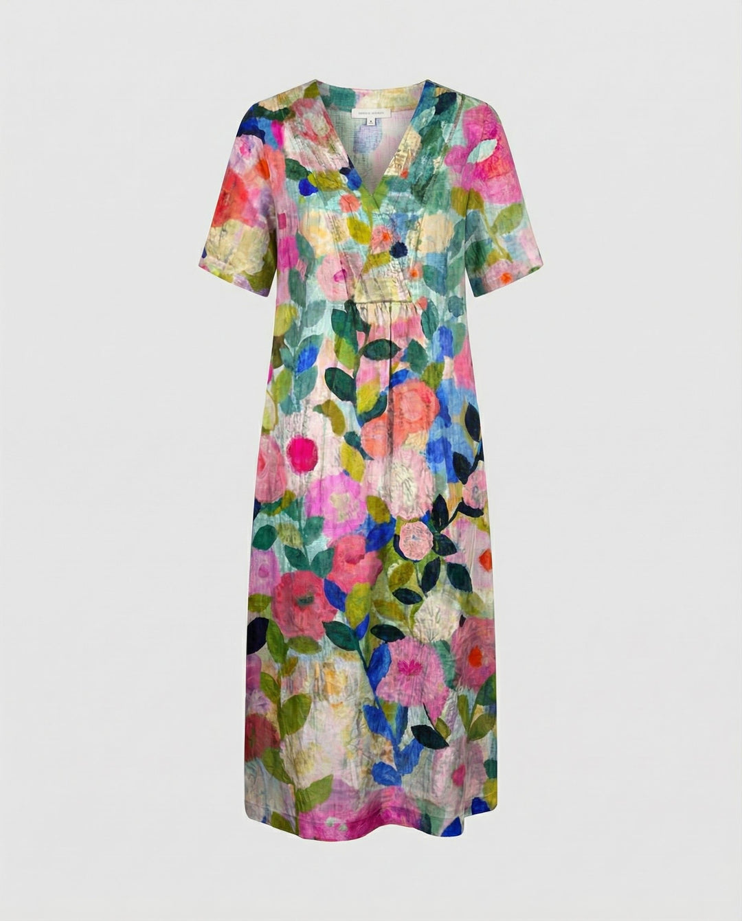 Damen Leinen Midi-Kleid V-Ausschnitt Blumenmuster Kurzarm
