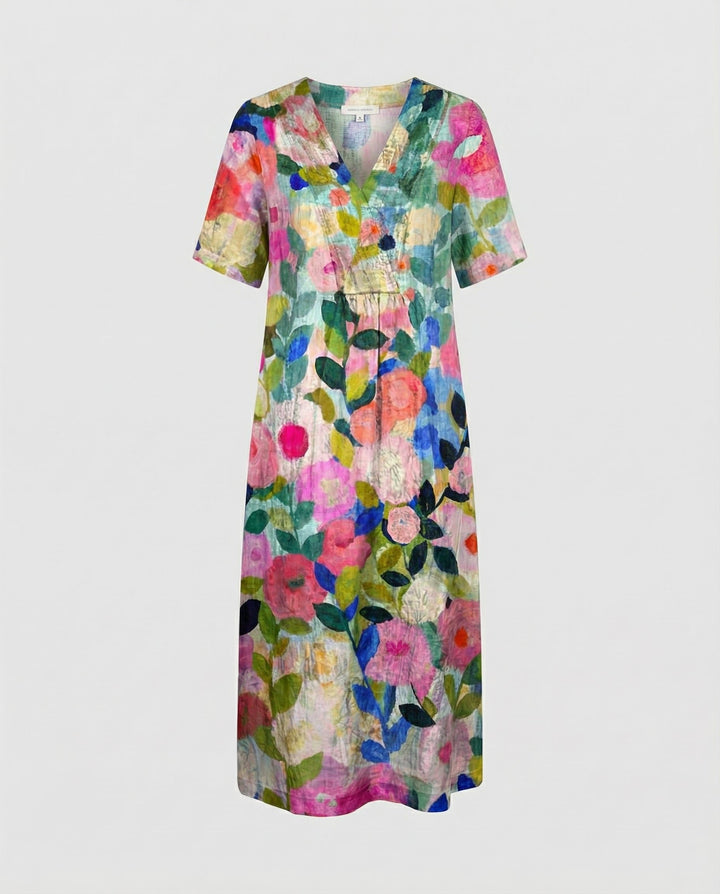 Damen Leinen Midi-Kleid V-Ausschnitt Blumenmuster Kurzarm