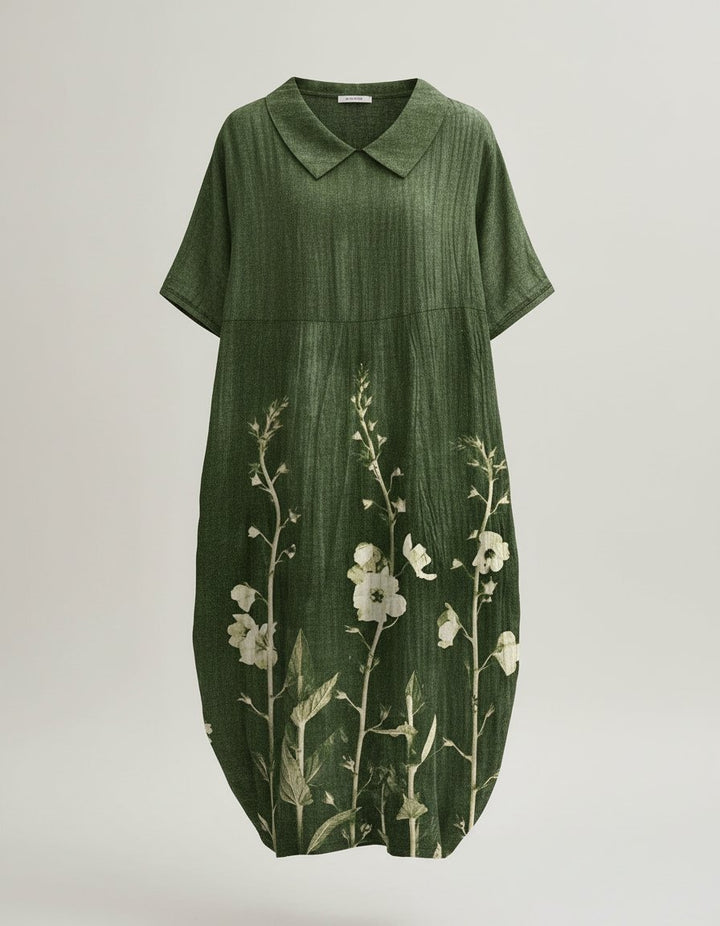 Damen Leinen Midi-Kleid V-Ausschnitt Blumenmuster Kurzarm - Green