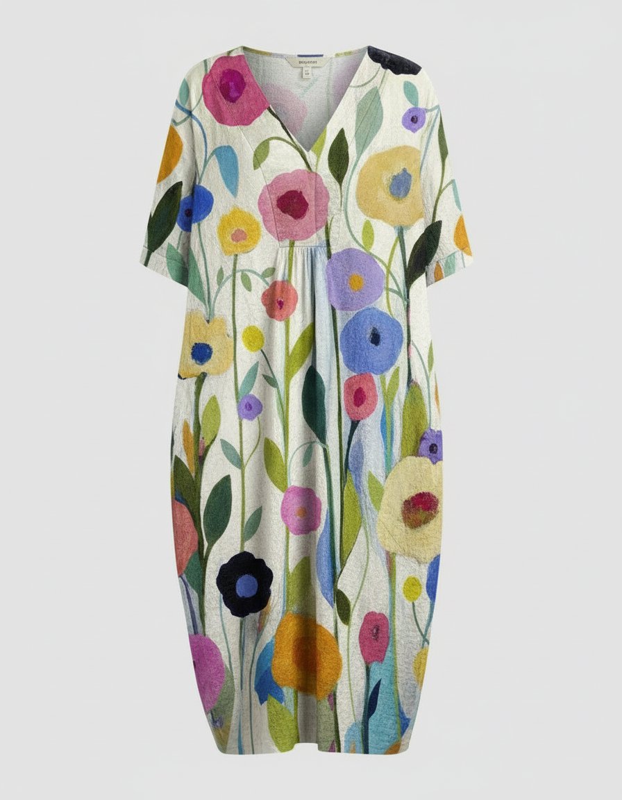 Damen Leinen Midi-Kleid V-Ausschnitt Blumenmuster Kurzarm - Colourful Big Flower
