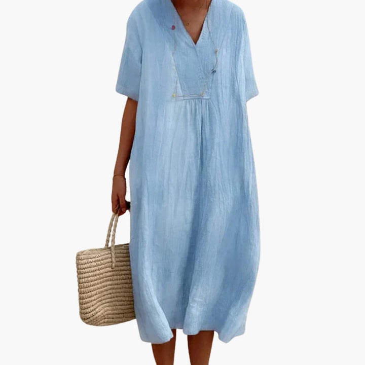 Damen Leinen Midi-Kleid V-Ausschnitt Kurzarm Entspannte Passform - Blue