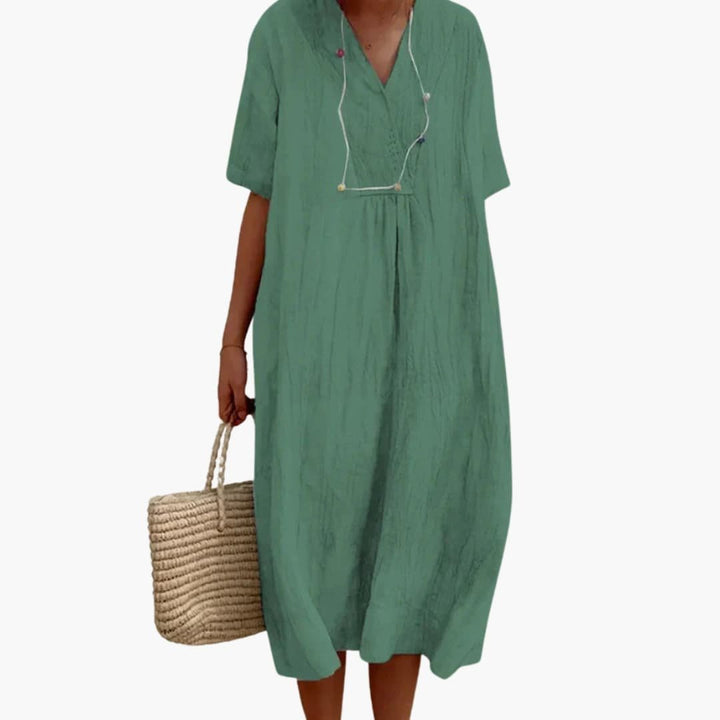 Damen Leinen Midi-Kleid V-Ausschnitt Kurzarm Entspannte Passform - Light Green