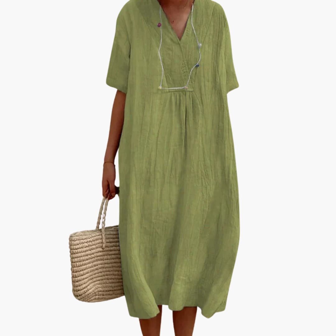Damen Leinen Midi-Kleid V-Ausschnitt Kurzarm Entspannte Passform - Green