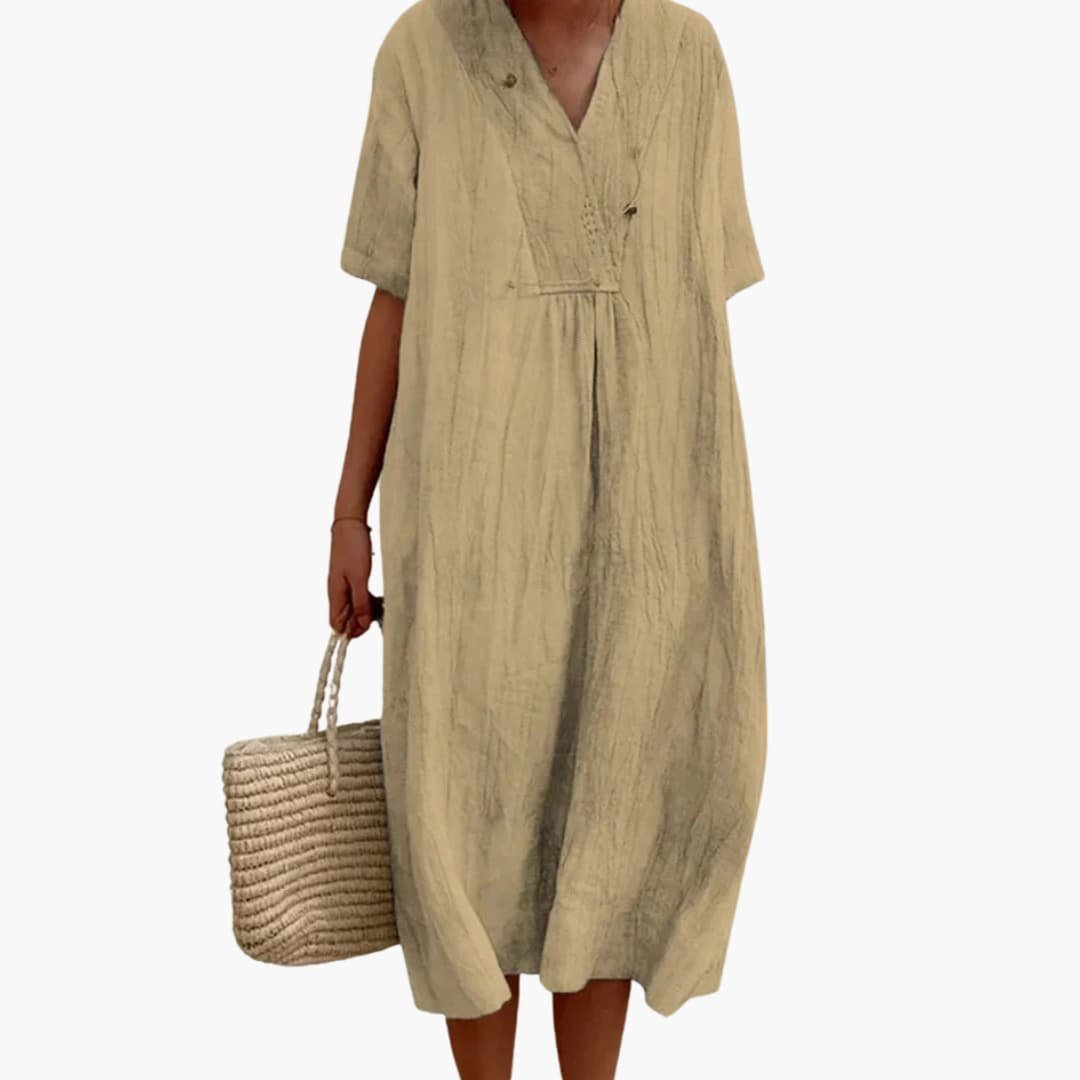 Damen Leinen Midi-Kleid V-Ausschnitt Kurzarm Entspannte Passform - Khaki