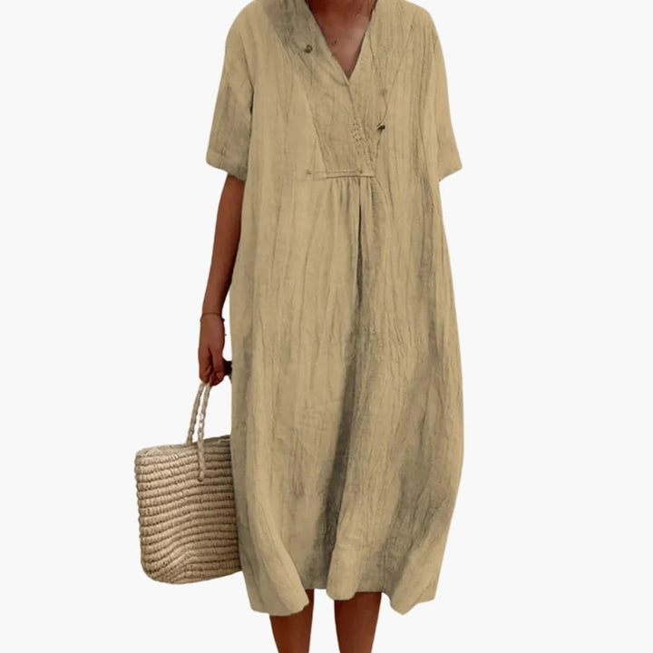 Damen Leinen Midi-Kleid V-Ausschnitt Kurzarm Entspannte Passform - Khaki