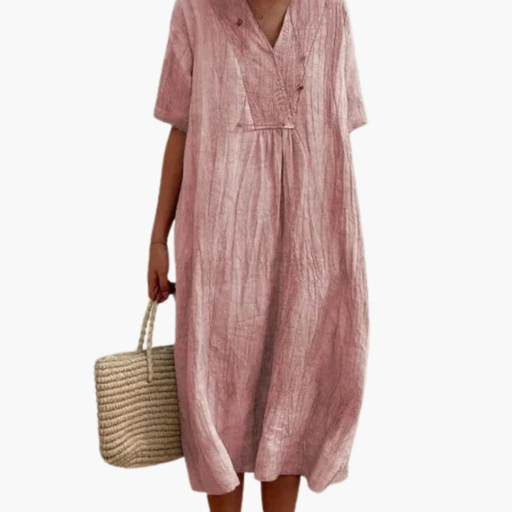 Damen Leinen Midi-Kleid V-Ausschnitt Kurzarm Entspannte Passform - Pink