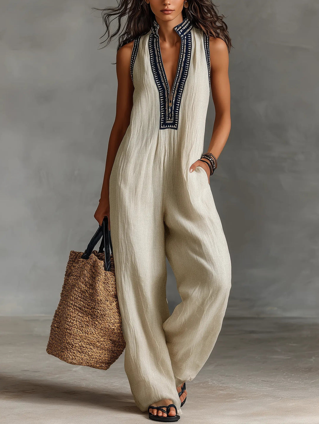 Damen Leinen Ärmellos Stickerei Jumpsuit - Photo Color