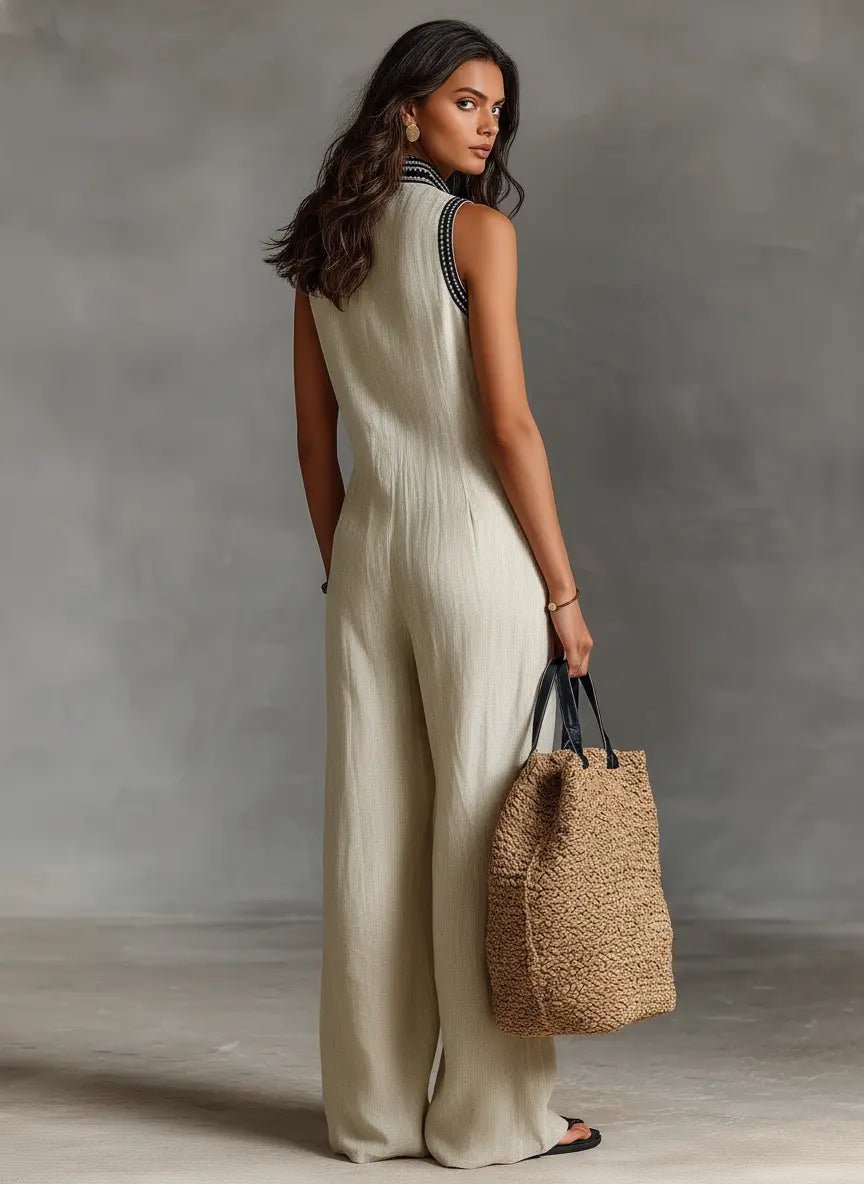 Damen Leinen Ärmellos Stickerei Jumpsuit