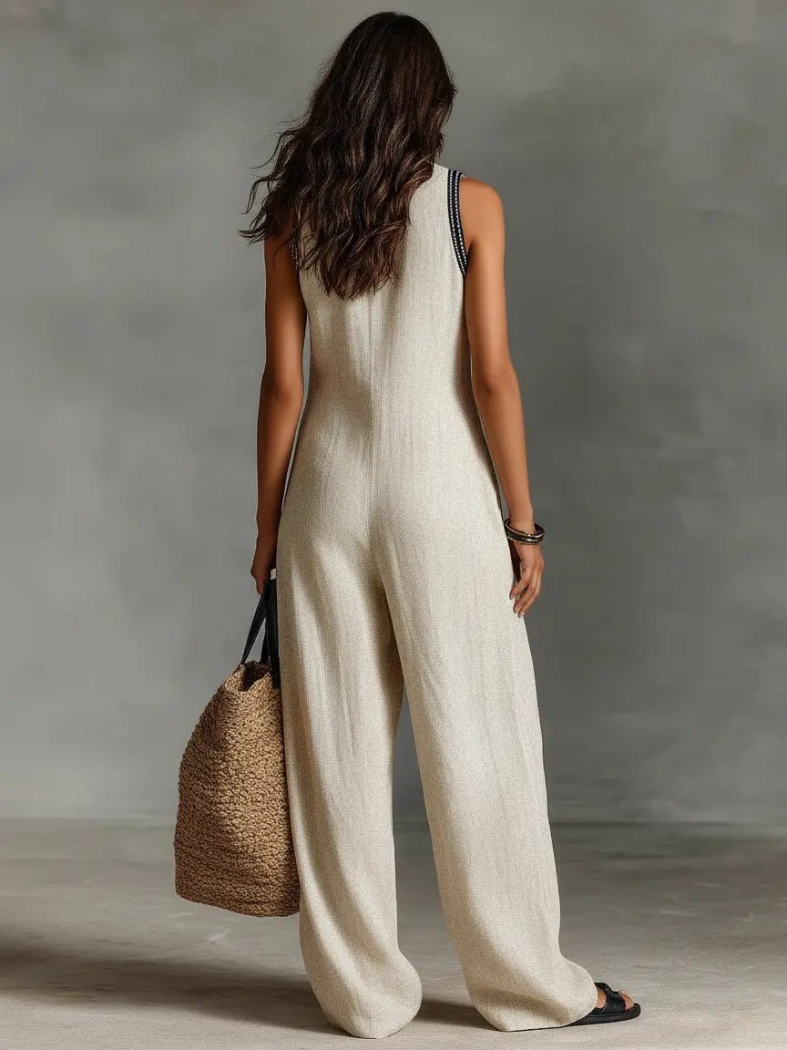 Damen Leinen Ärmellos Stickerei Jumpsuit
