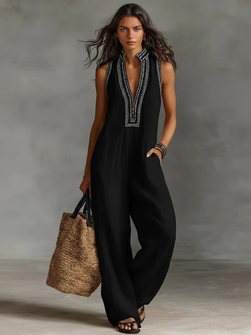 Damen Leinen Ärmellos Stickerei Jumpsuit - Black