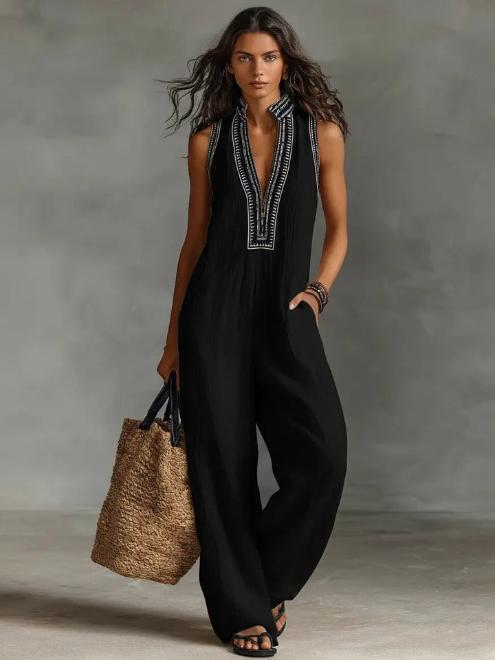 Damen Leinen Ärmellos Stickerei Jumpsuit - Black