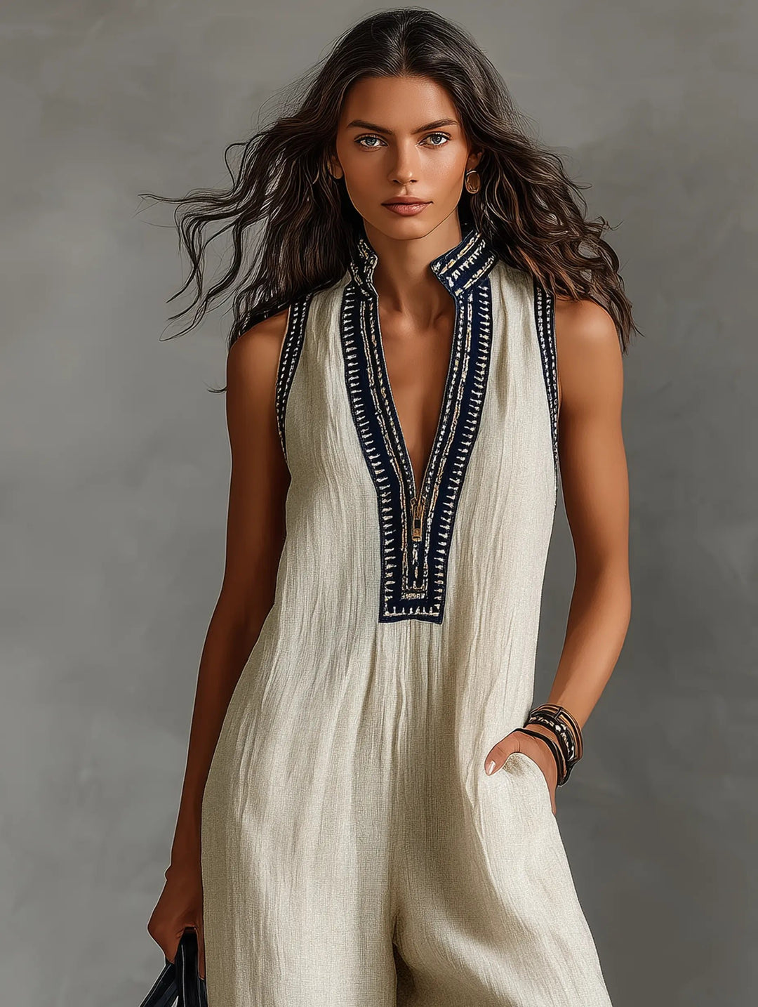 Damen Leinen Ärmellos Stickerei Jumpsuit