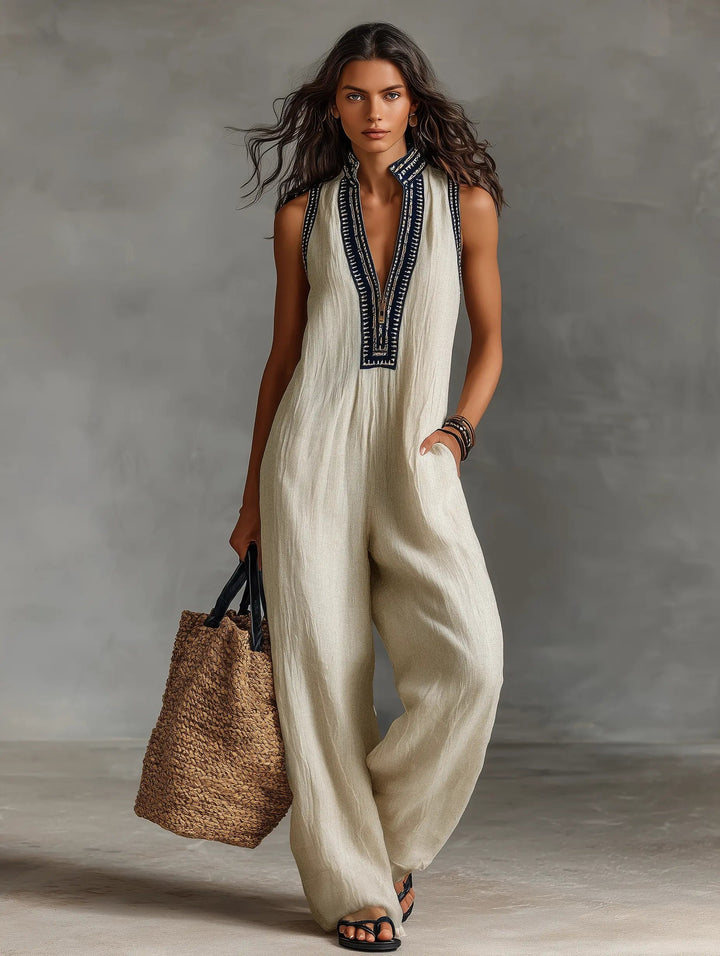 Damen Leinen Ärmellos Stickerei Jumpsuit