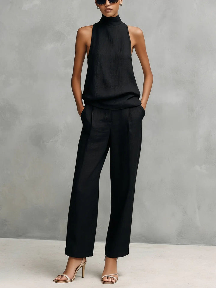 Damen Leinen Ärmellos Top Hose Zweiteiler Set - Black