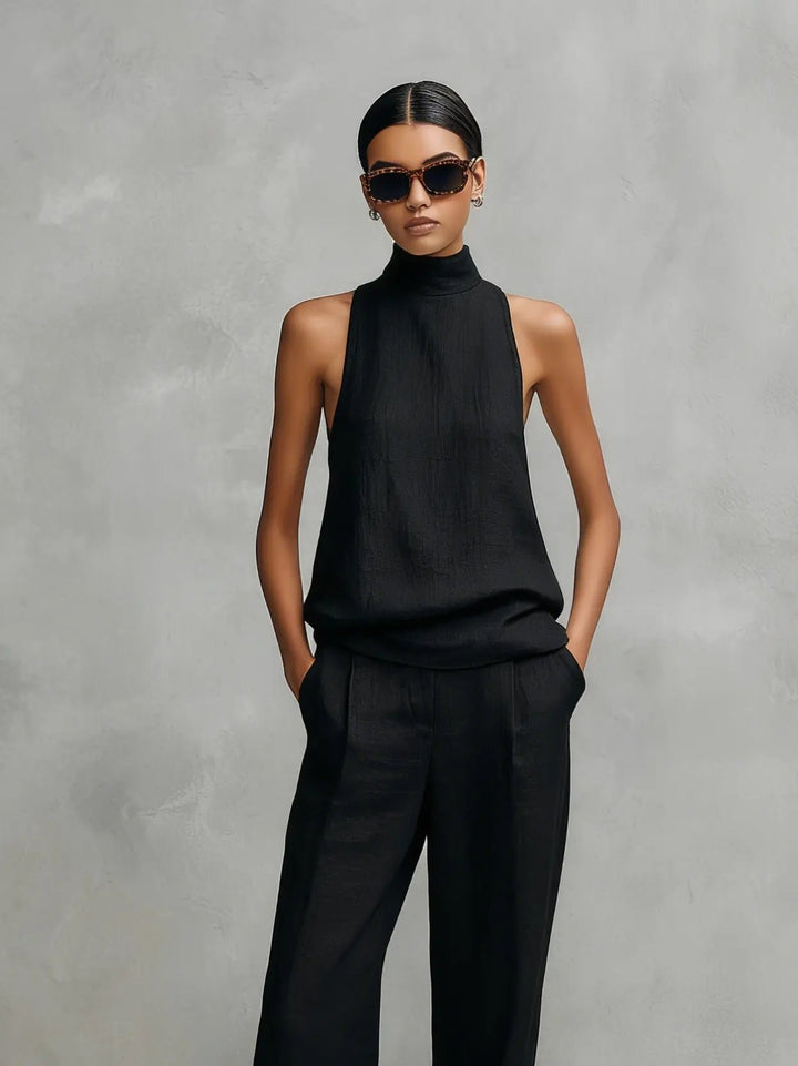 Damen Leinen Ärmellos Top Hose Zweiteiler Set