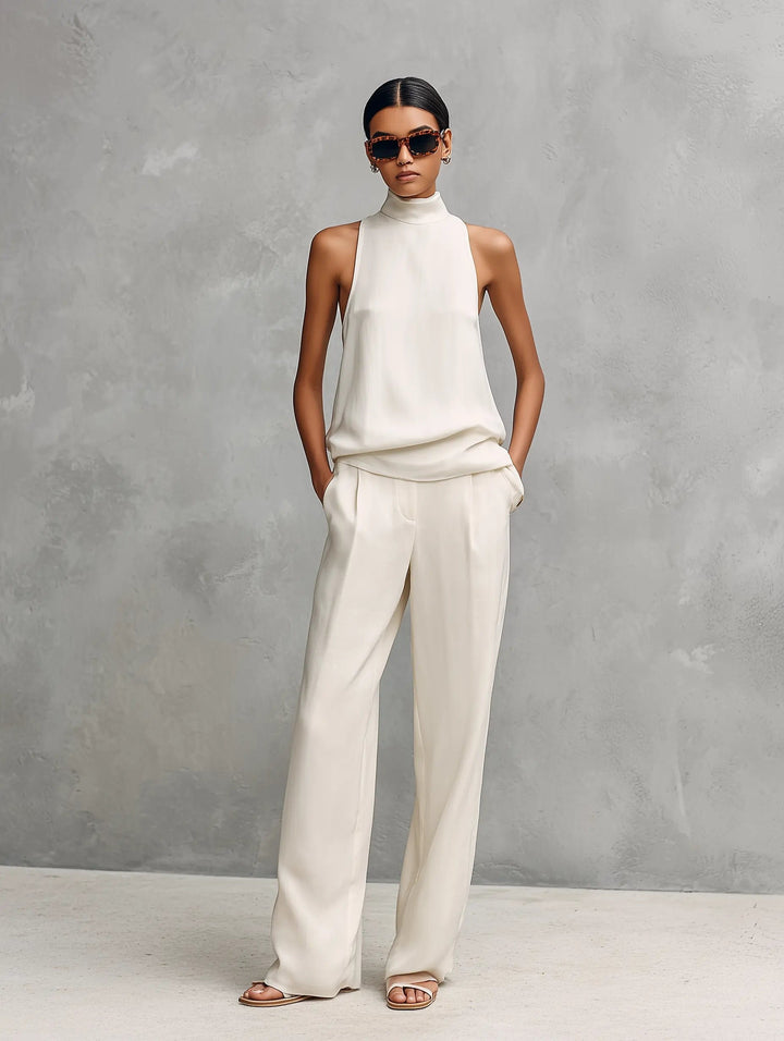 Damen Leinen Ärmellos Top Hose Zweiteiler Set - White