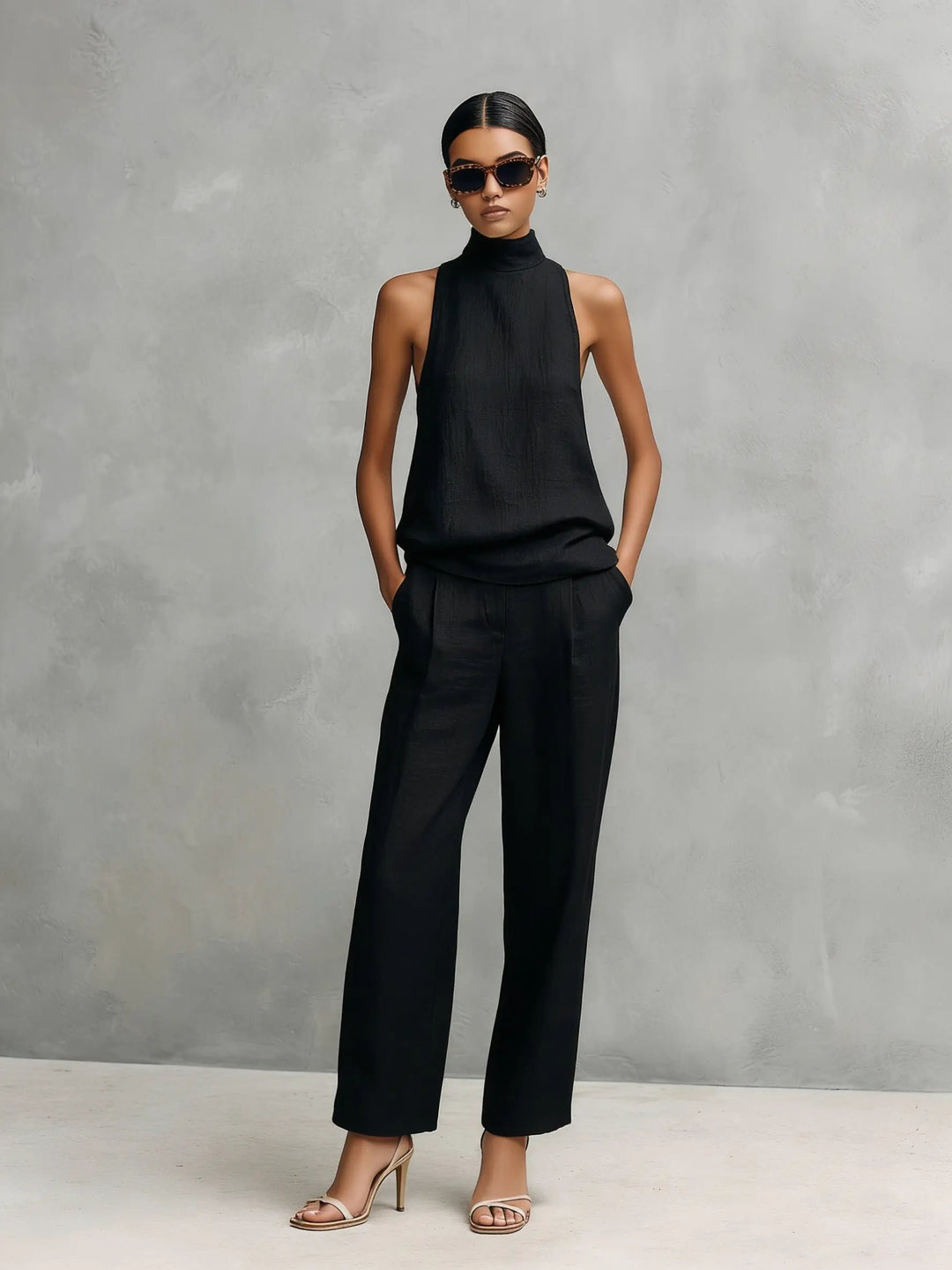 Damen Leinen Ärmellos Top Hose Zweiteiler Set