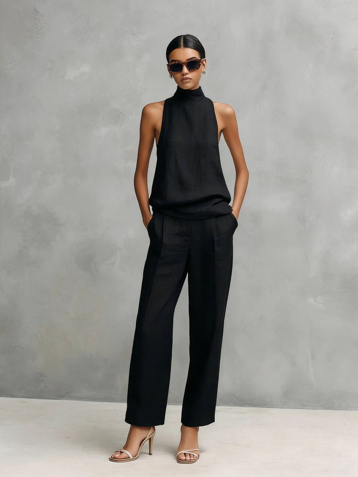 Damen Leinen Ärmellos Top Hose Zweiteiler Set