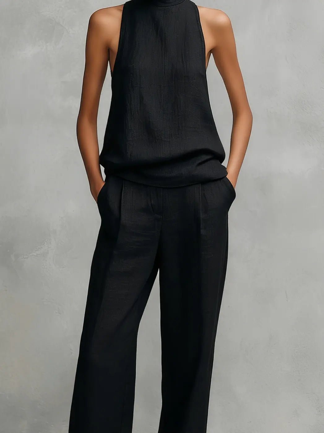 Damen Leinen Ärmellos Top Hose Zweiteiler Set