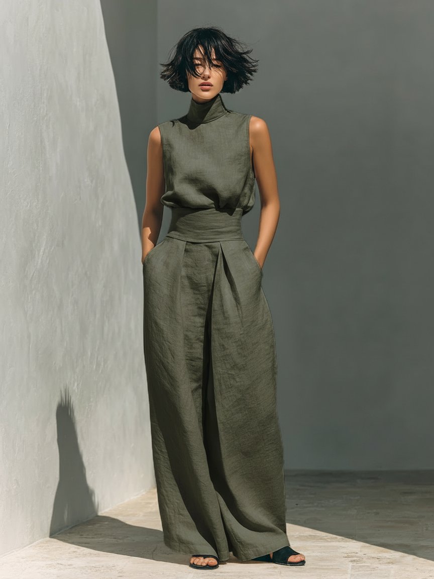 Damen Leinen Rollkragen Top mit weiter Hose Set - Army Green