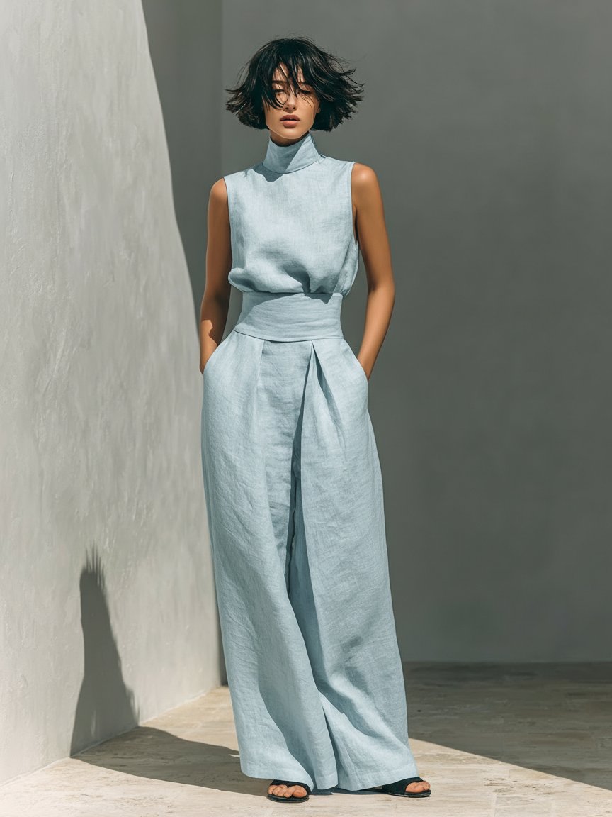 Damen Leinen Rollkragen Top mit weiter Hose Set - Light Blue