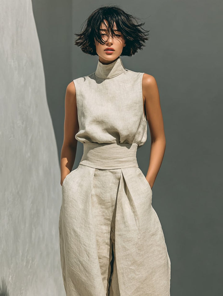 Damen Leinen Rollkragen Top mit weiter Hose Set
