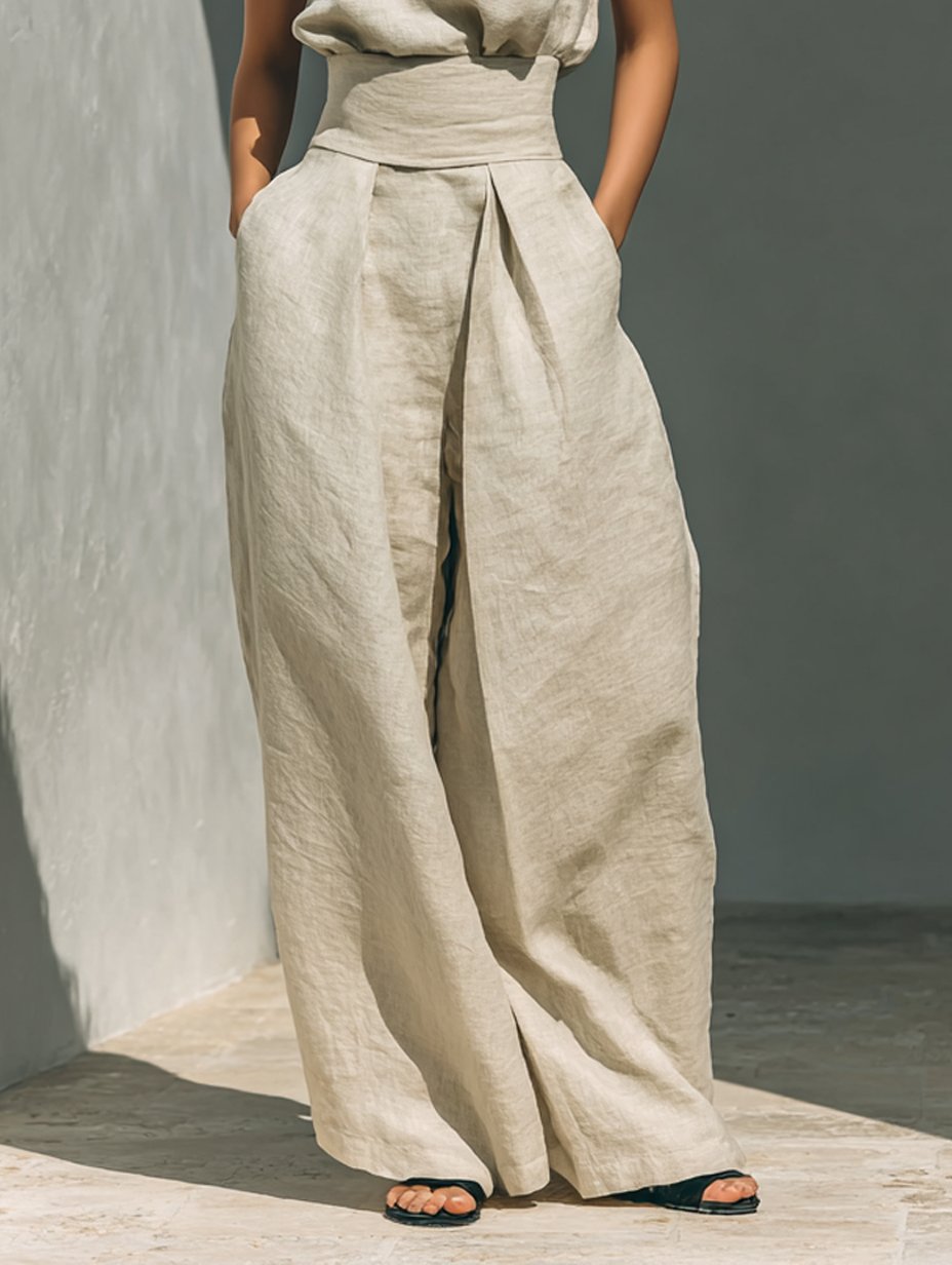 Damen Leinen Rollkragen Top mit weiter Hose Set