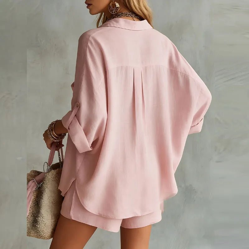 Damen Leinen Set Hemd Shorts Zweiteilig Sommer