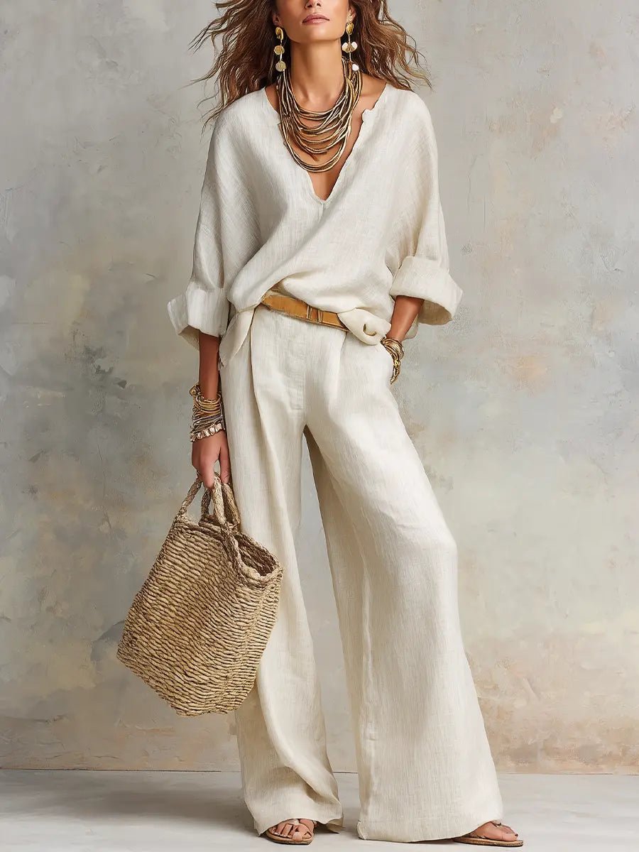 Damen Leinen-Set Zweiteilig Locker Geschnitten Naturleinen - White