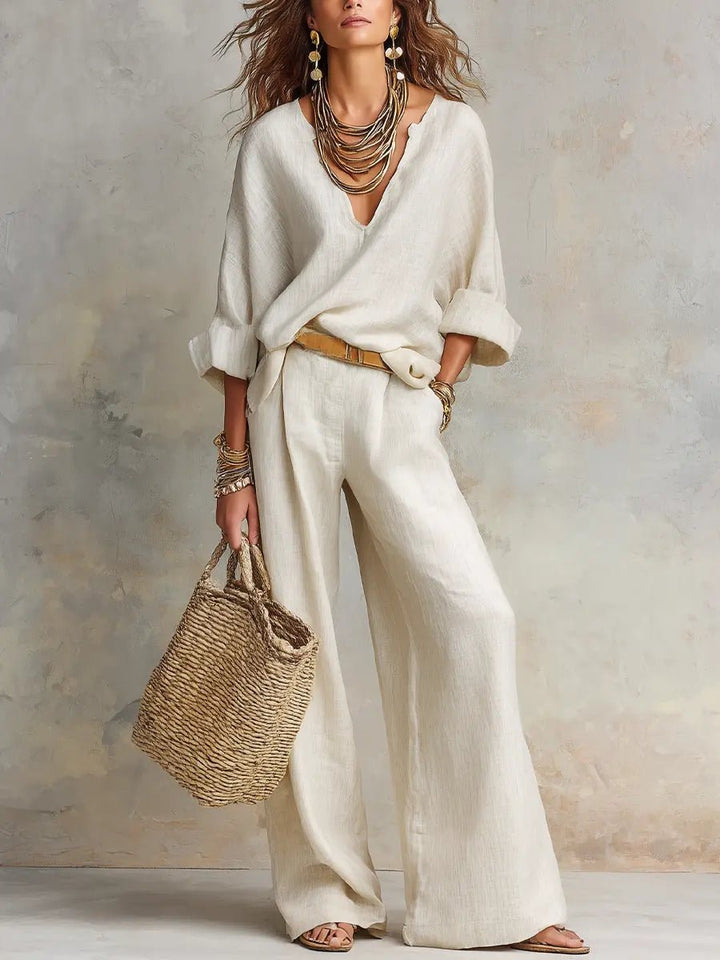 Damen Leinen-Set Zweiteilig Locker Geschnitten Naturleinen - White