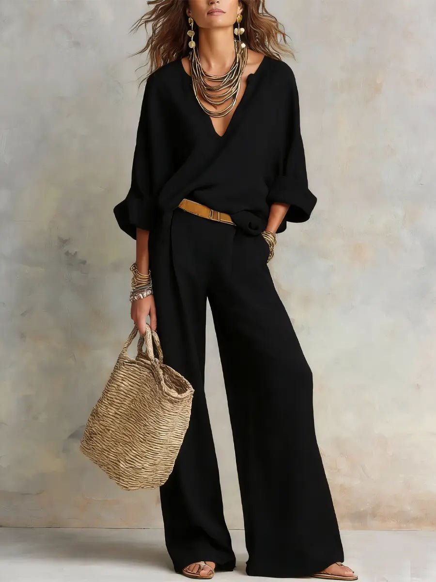 Damen Leinen-Set Zweiteilig Locker Geschnitten Naturleinen - Black
