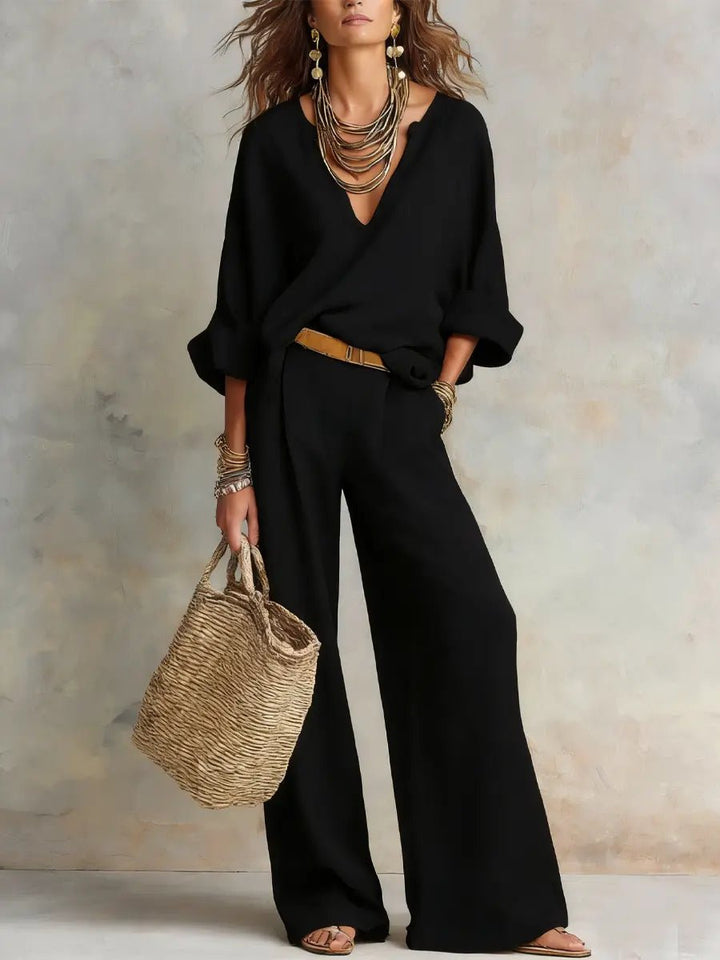 Damen Leinen-Set Zweiteilig Locker Geschnitten Naturleinen - Black