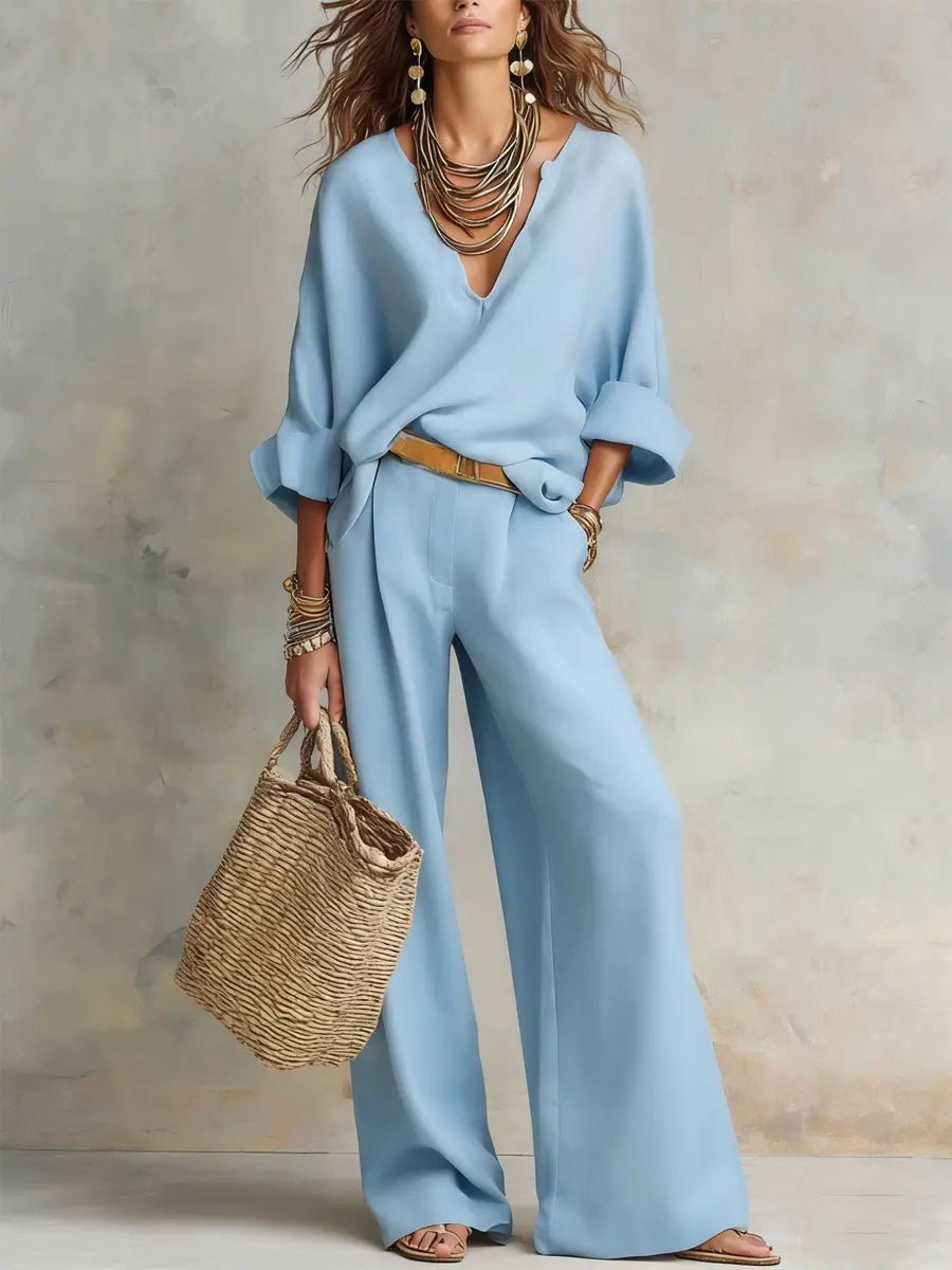 Damen Leinen-Set Zweiteilig Locker Geschnitten Naturleinen - Blue