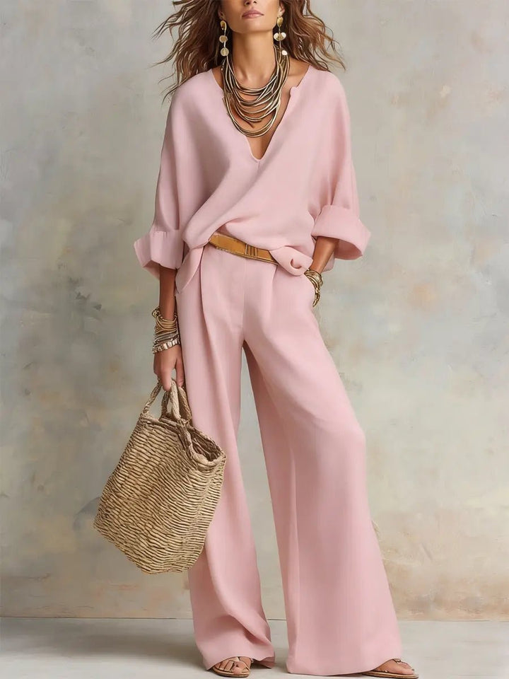 Damen Leinen-Set Zweiteilig Locker Geschnitten Naturleinen - Pink