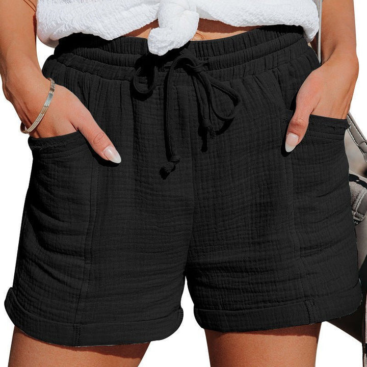 Damen Leinen Shorts mit Kordelzug Relaxed-Fit Seitentaschen - Black