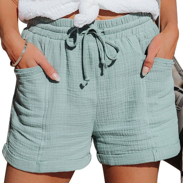 Damen Leinen Shorts mit Kordelzug Relaxed-Fit Seitentaschen - Turquoise