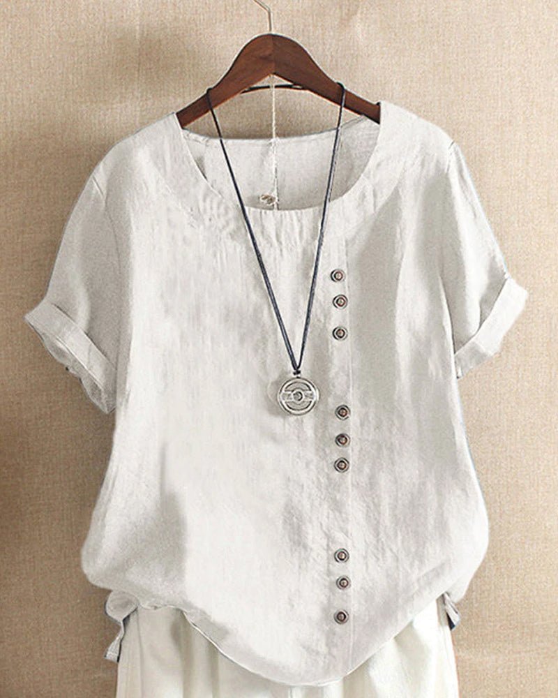 Damen Leinen Tunika Kurzarm Rundhals Knopfleiste Locker - White