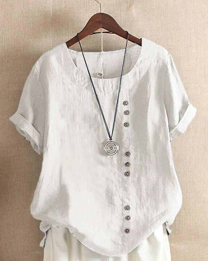 Damen Leinen Tunika Kurzarm Rundhals Knopfleiste Locker - White