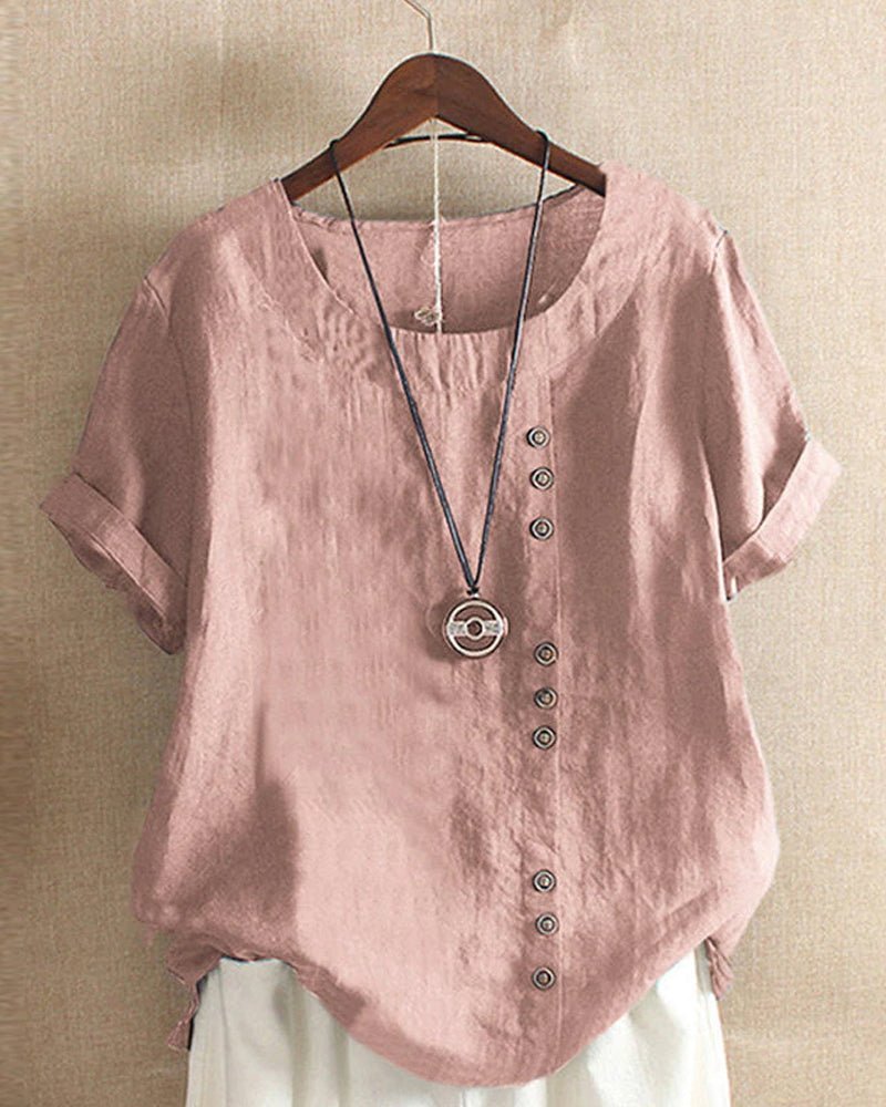 Damen Leinen Tunika Kurzarm Rundhals Knopfleiste Locker - Dusty Pink