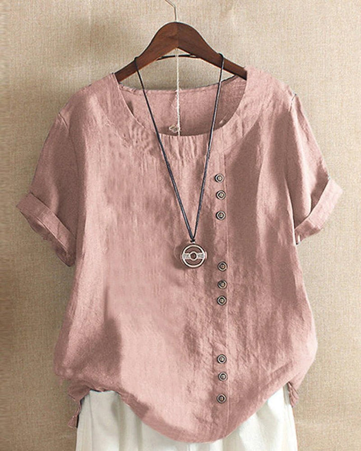 Damen Leinen Tunika Kurzarm Rundhals Knopfleiste Locker - Dusty Pink