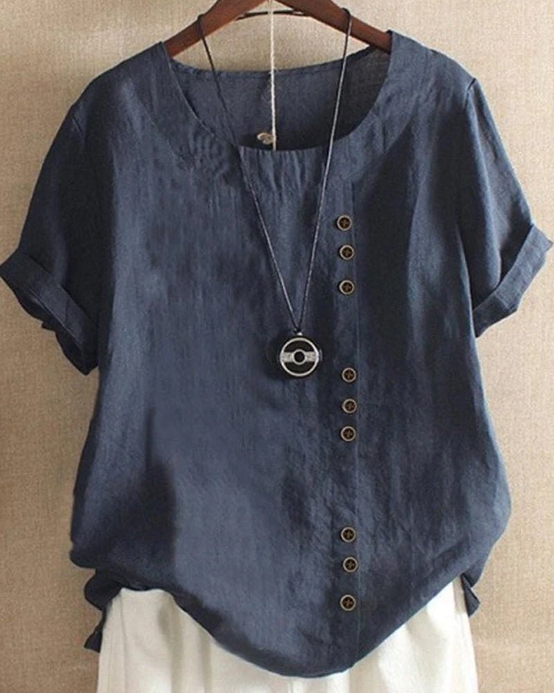 Damen Leinen Tunika Kurzarm Rundhals Knopfleiste Locker - Navy