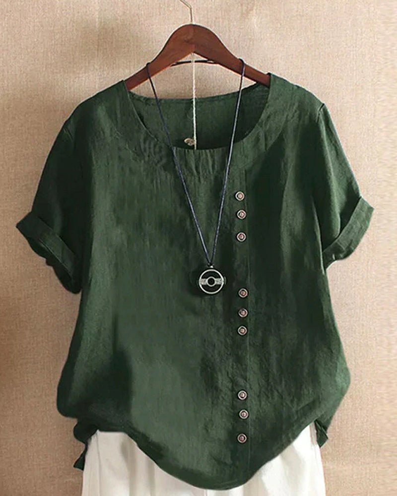 Damen Leinen Tunika Kurzarm Rundhals Knopfleiste Locker - Dark Green